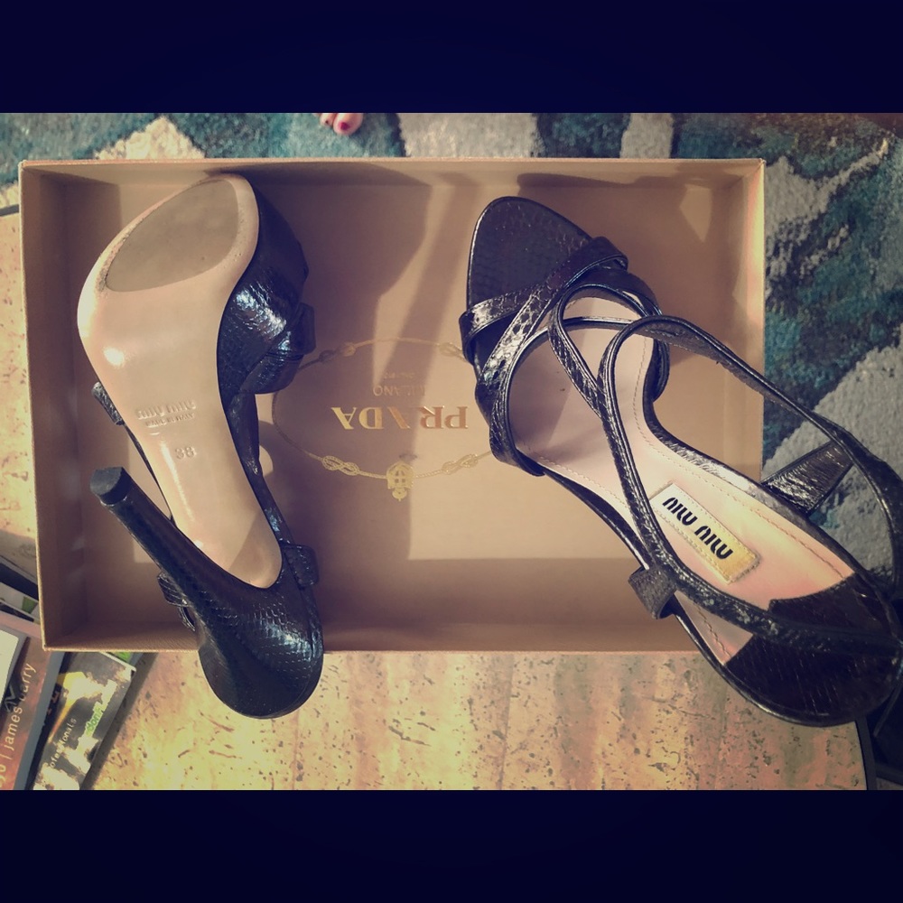 Miu Miu silver snake skin stilettos